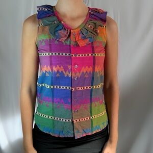 Vintage 80s eclectic colorful ruffle collar blouse button up top medium NWT
